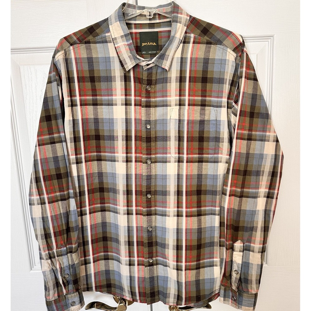 Prana Western Pearl Snap Plaid Shirt Mens Sz Large Long Sleeve Blue Green Pocket
